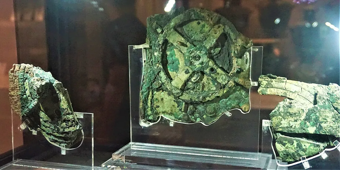 Fragments of the Antikythera mechanism on display, National Archaeological Museum, Athens