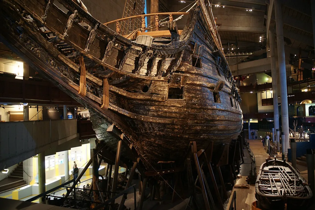 The raised hull of Vasa seen from the bow, Vasa Museum, Stockholm